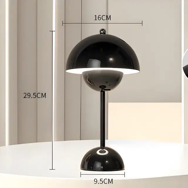 FungiLamp lampada da tavolo ricaricabile a forma di fungo in ferro e plastica: schema delle misure con altezza, diametro del cappello e base - Luximode