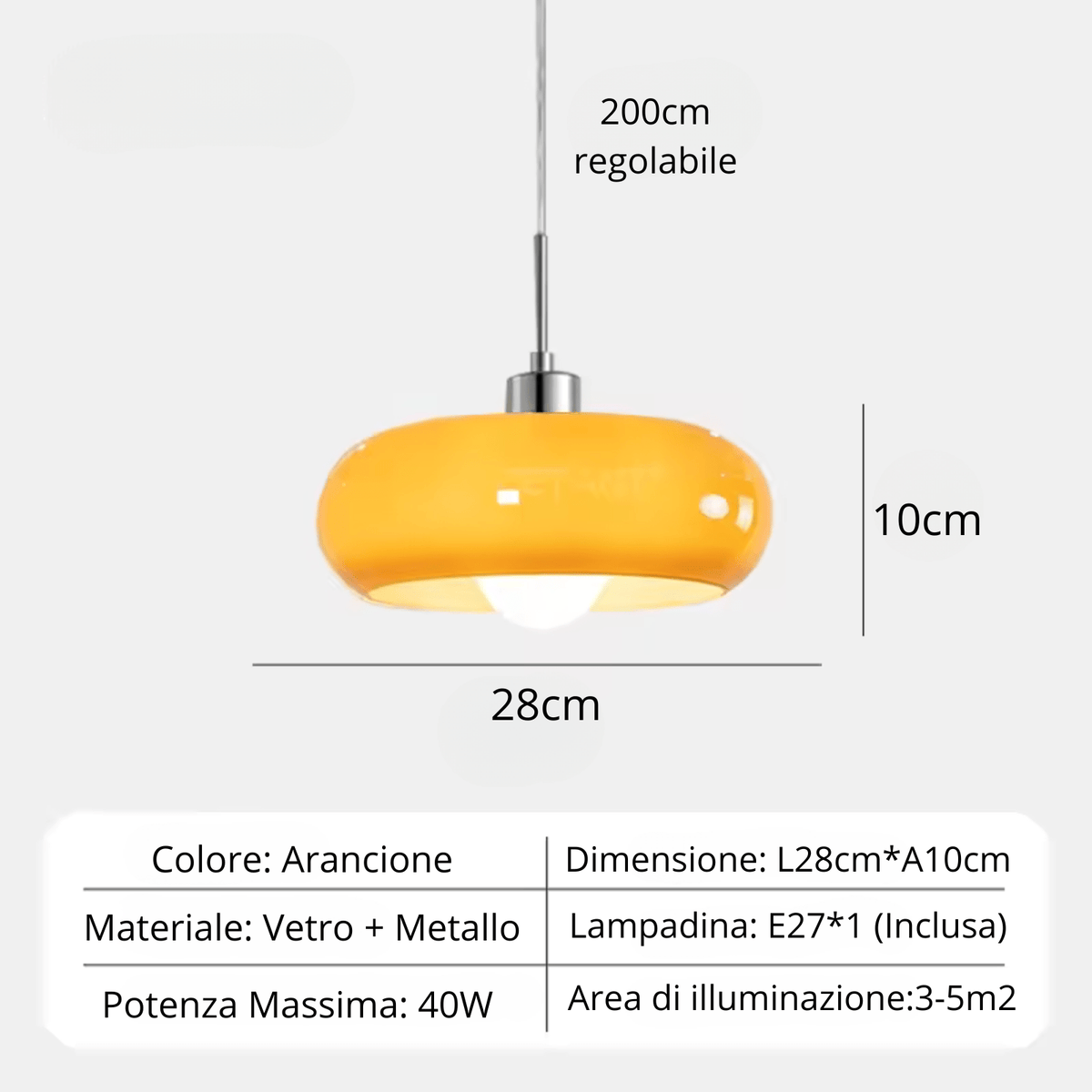 Schema misure e specifiche KerianHaus: 28 cm, cavo 200 cm regolabile