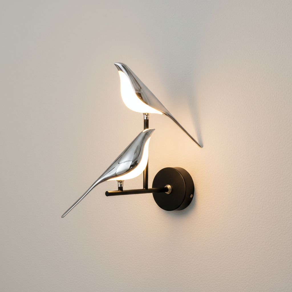 Applique MrBird a due uccelli, vista di tre quarti