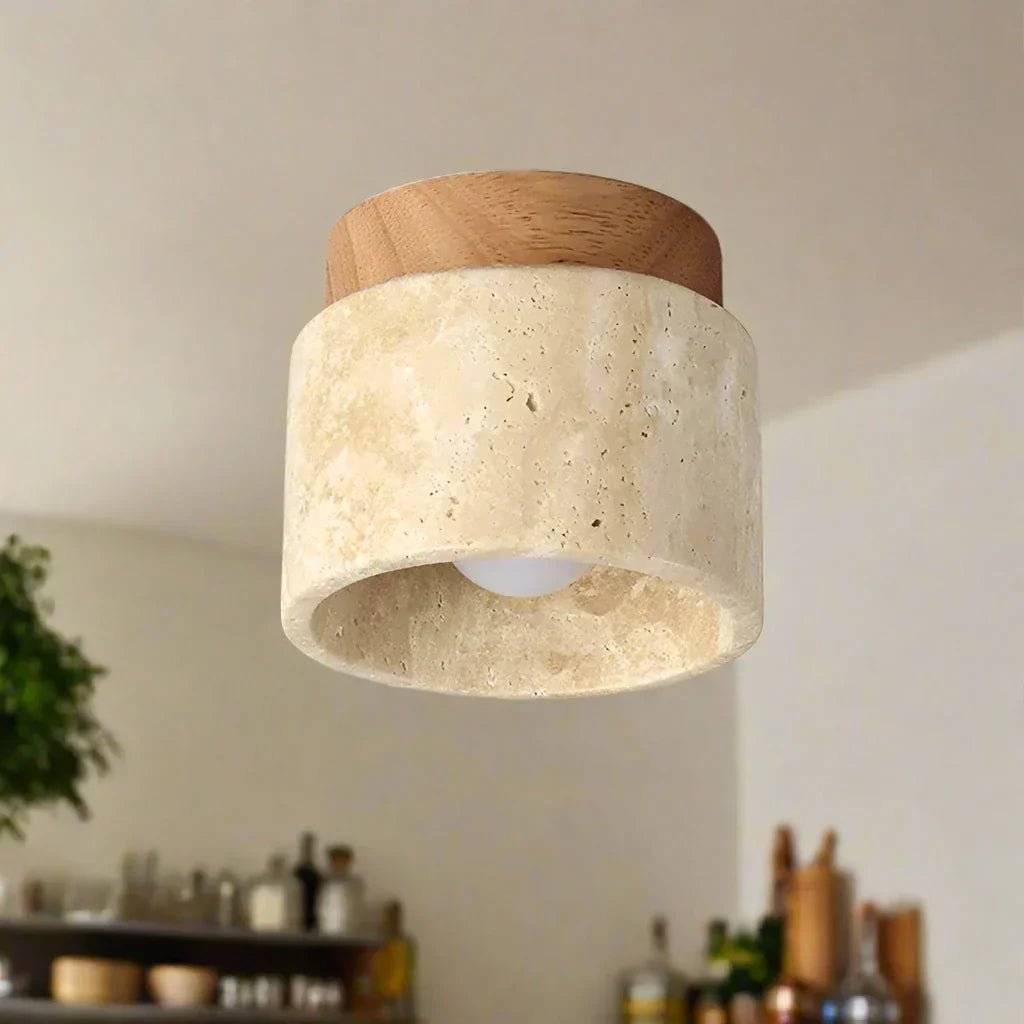 StoneGlow – Plafoniera Cilindrica in Pietra Naturale e Legno – lampada design da parete di Luximode