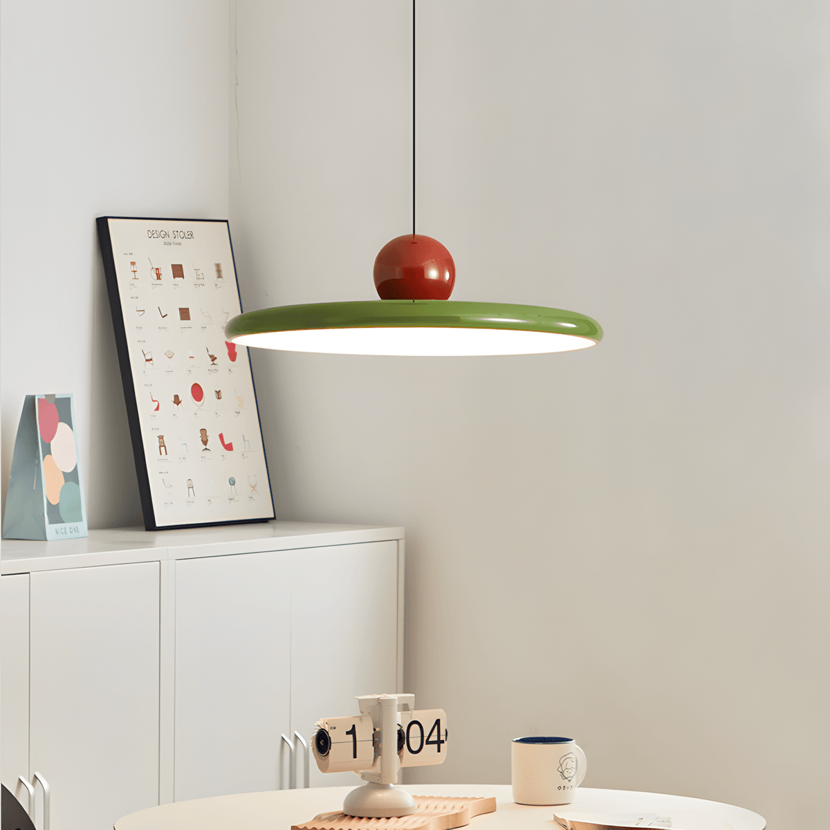 CeraVolta verde con sfera rossa accanto a una credenza bianca