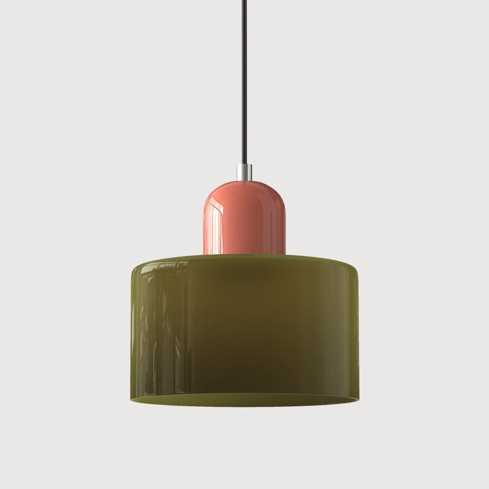 Lampada a sospensione Croma in vetro verde militare con base rosa