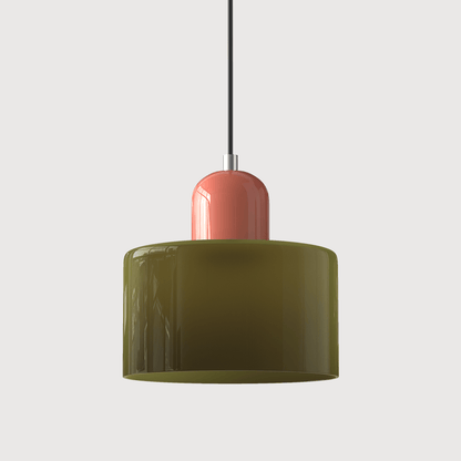 Lampada a sospensione Croma in vetro verde militare con base rosa