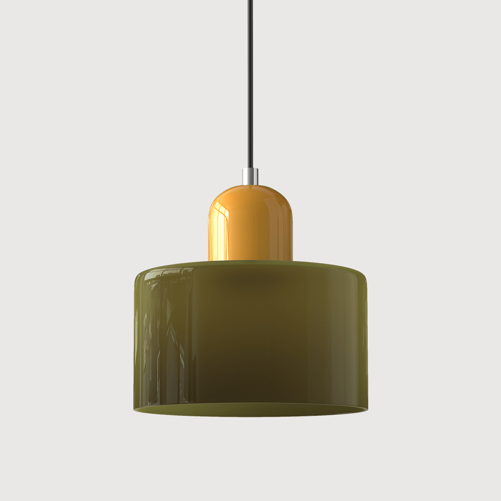 Lampada a sospensione Croma in vetro verde militare con base gialla