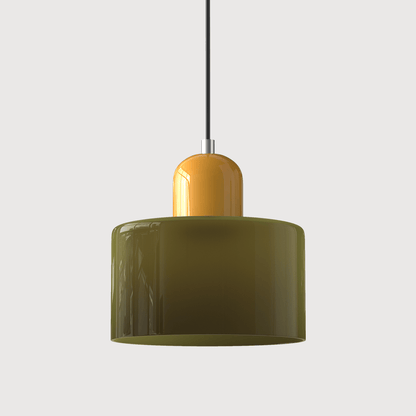 Lampada a sospensione Croma in vetro verde militare con base gialla