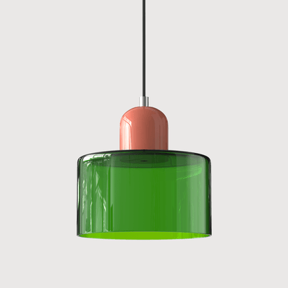 Lampada a sospensione Croma in vetro verde brillante con base rosa
