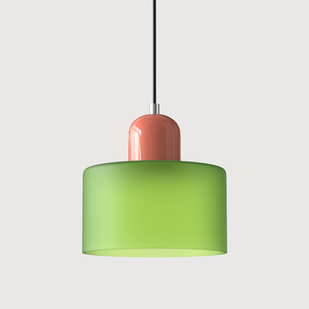 Lampada a sospensione Croma in vetro verde opaco con base rosa