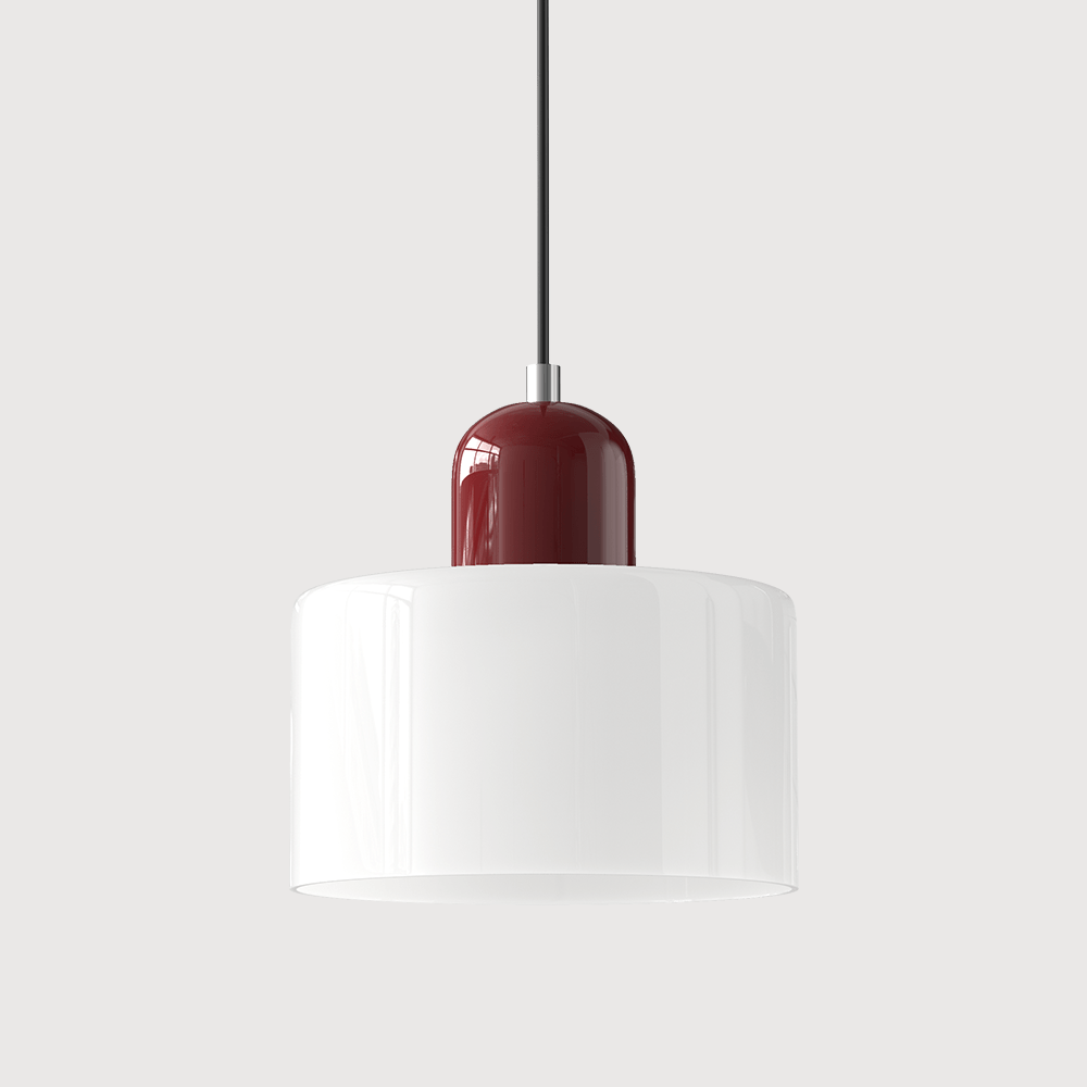 Lampada a sospensione Croma in vetro bianco con base rossa