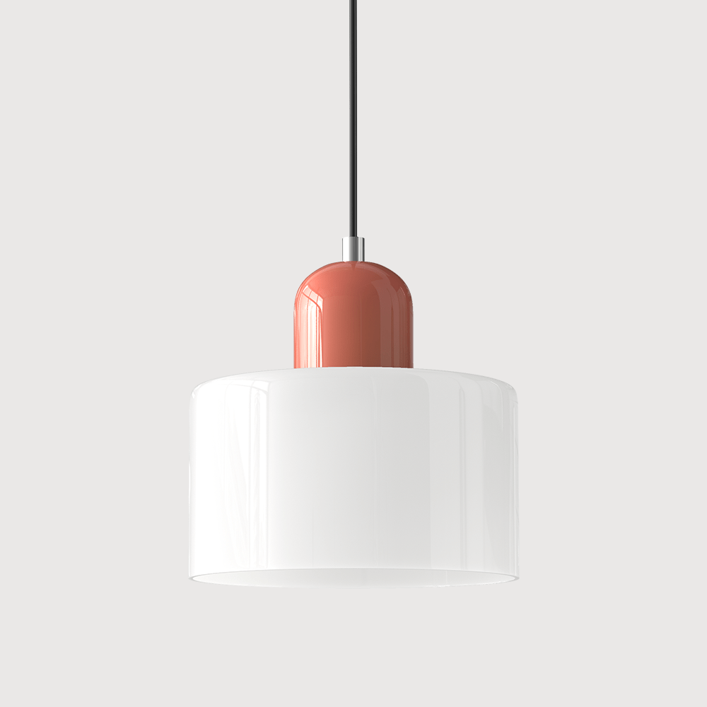 Lampada a sospensione Croma in vetro bianco con base rosa