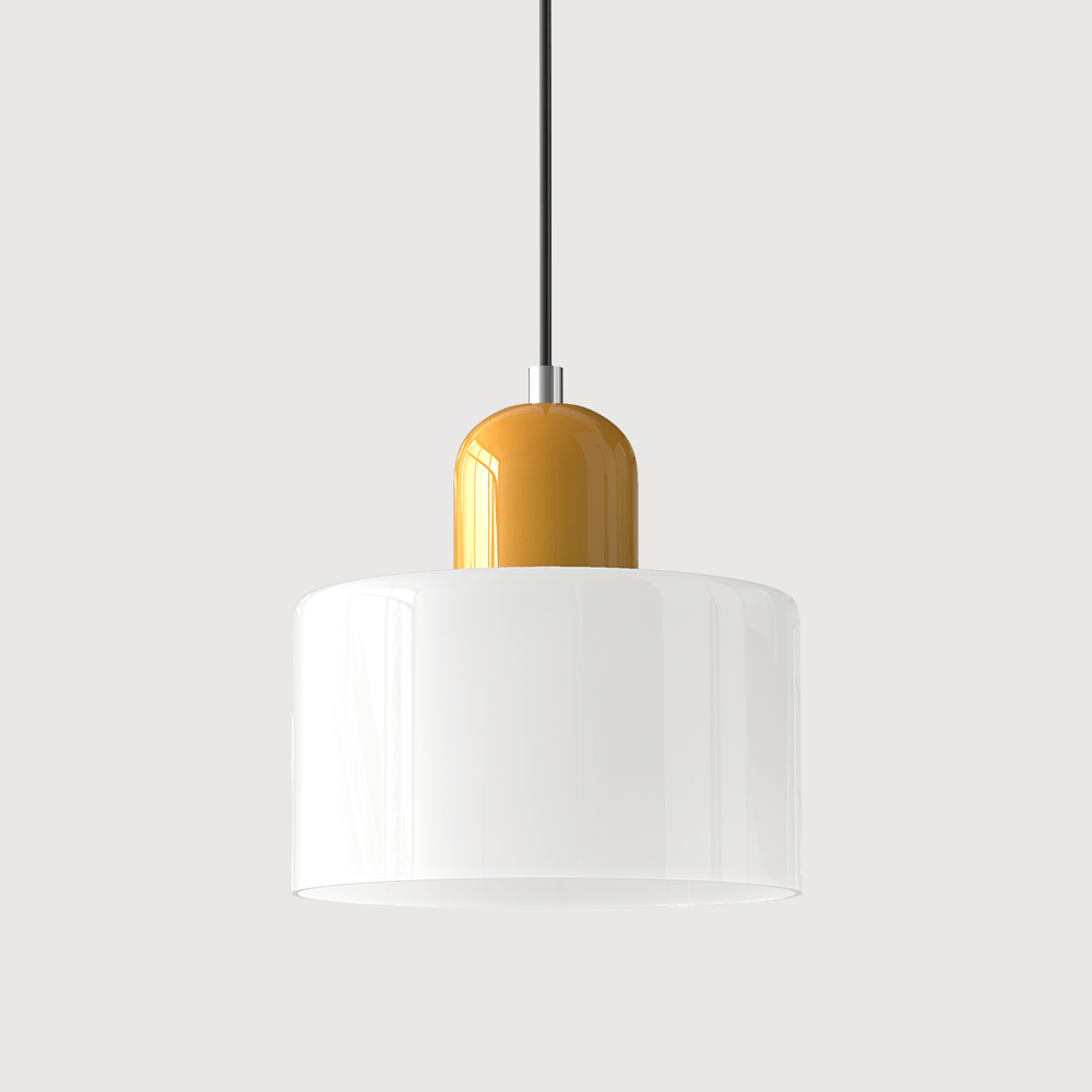Lampada a sospensione Croma in vetro bianco con base gialla