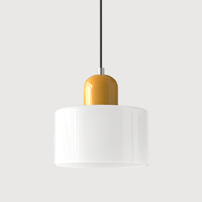 Lampada a sospensione Croma in vetro bianco con base gialla