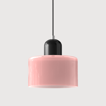 Lampada a sospensione Croma in vetro rosa chiaro con base nera