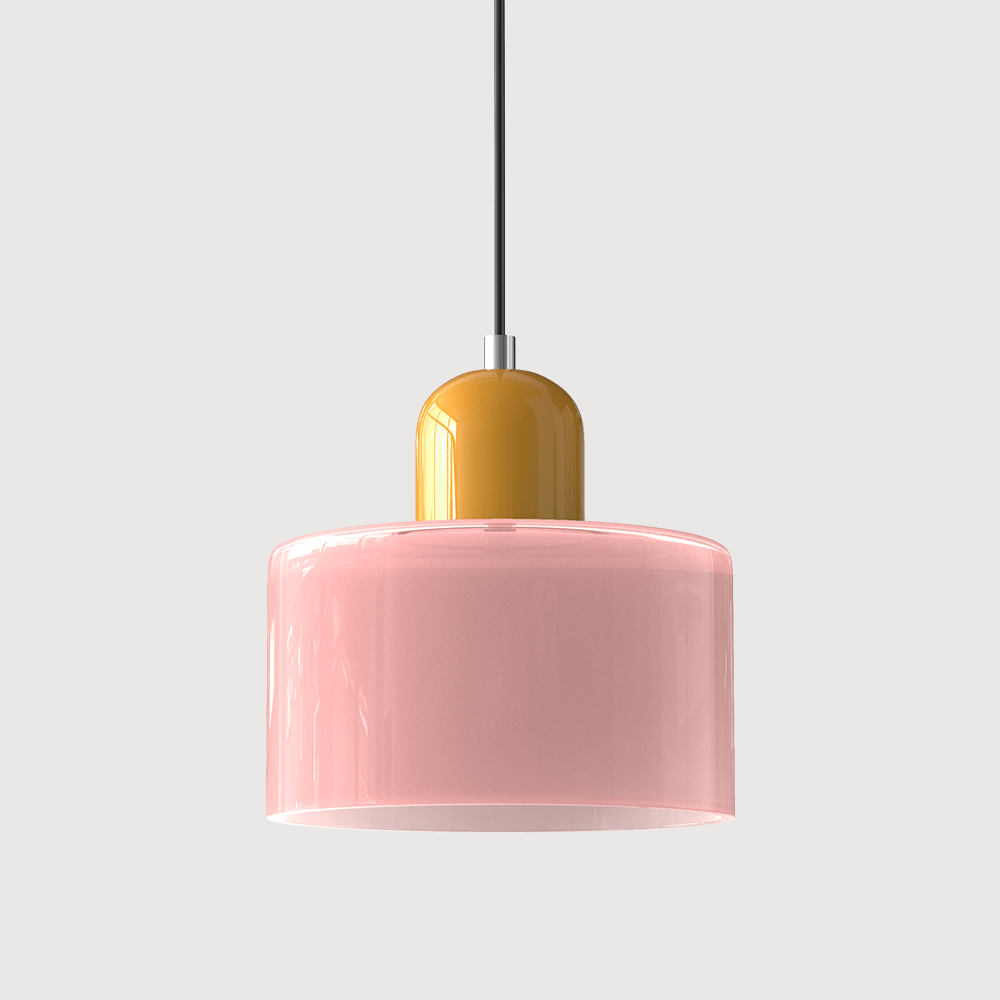 Lampada a sospensione Croma in vetro rosa chiaro con base gialla