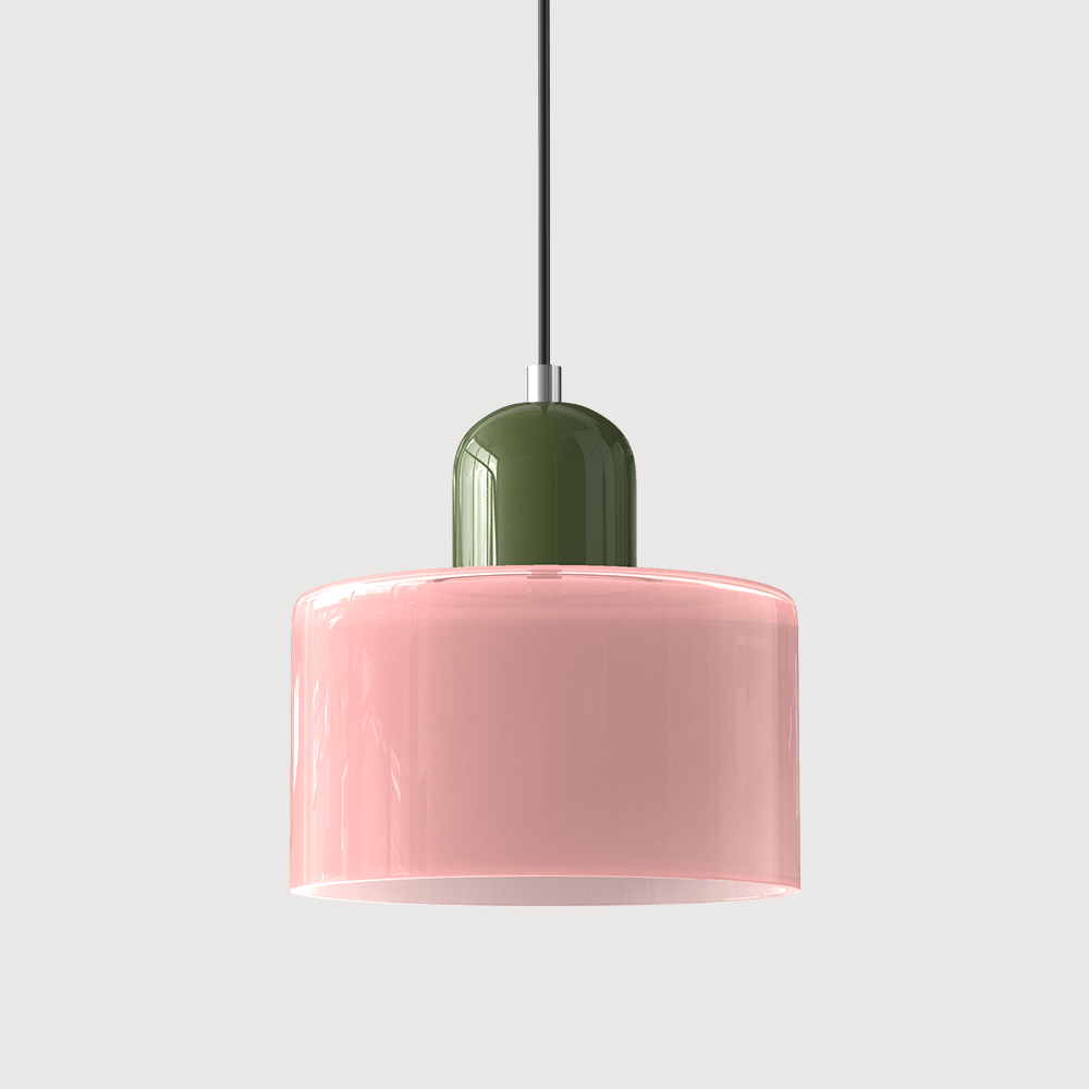 Lampada a sospensione Croma in vetro rosa chiaro con base verde