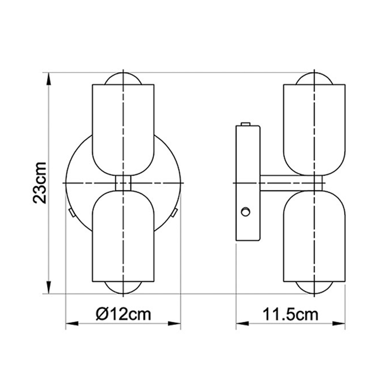 DualShine - schema tecnico con le misure della lampada da parete | Luximode