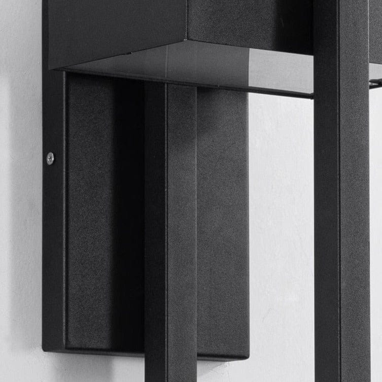 DuskGlow applique da esterno a parete LED in alluminio nero, design rettangolare: dettaglio della staffa e del corpo in alluminio nero - Luximode