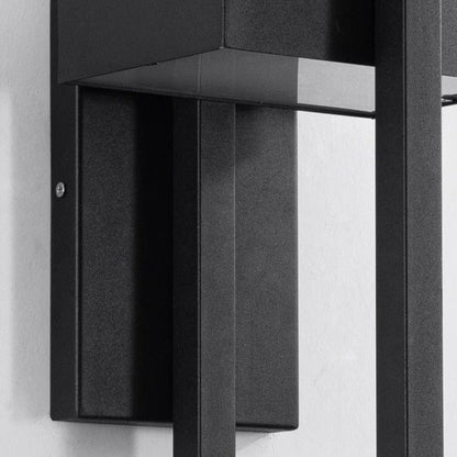 DuskGlow applique da esterno a parete LED in alluminio nero, design rettangolare: dettaglio della staffa e del corpo in alluminio nero - Luximode