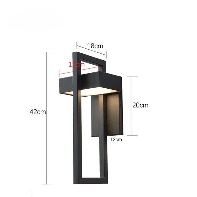 DuskGlow applique da esterno a parete LED in alluminio nero, design rettangolare: schema delle misure della versione da 42 cm, 18 x 20 cm - Luximode