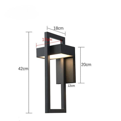 DuskGlow applique da esterno a parete LED in alluminio nero, design rettangolare: schema delle misure della versione da 42 cm, 18 x 20 cm - Luximode