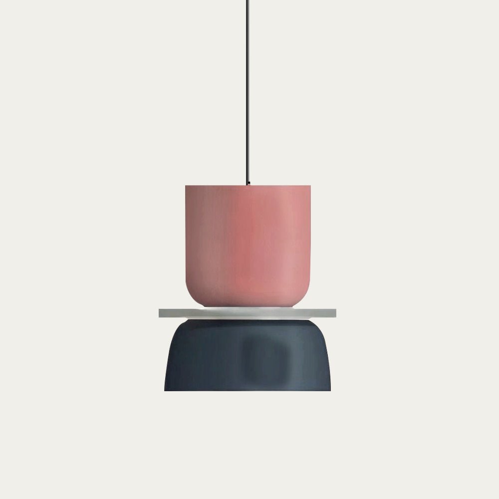 LucieBlock lampada a sospensione nordica in alluminio e acrilico: sospensione rosa con paralume blu notte, scatto prodotto su fondo neutro - Luximode