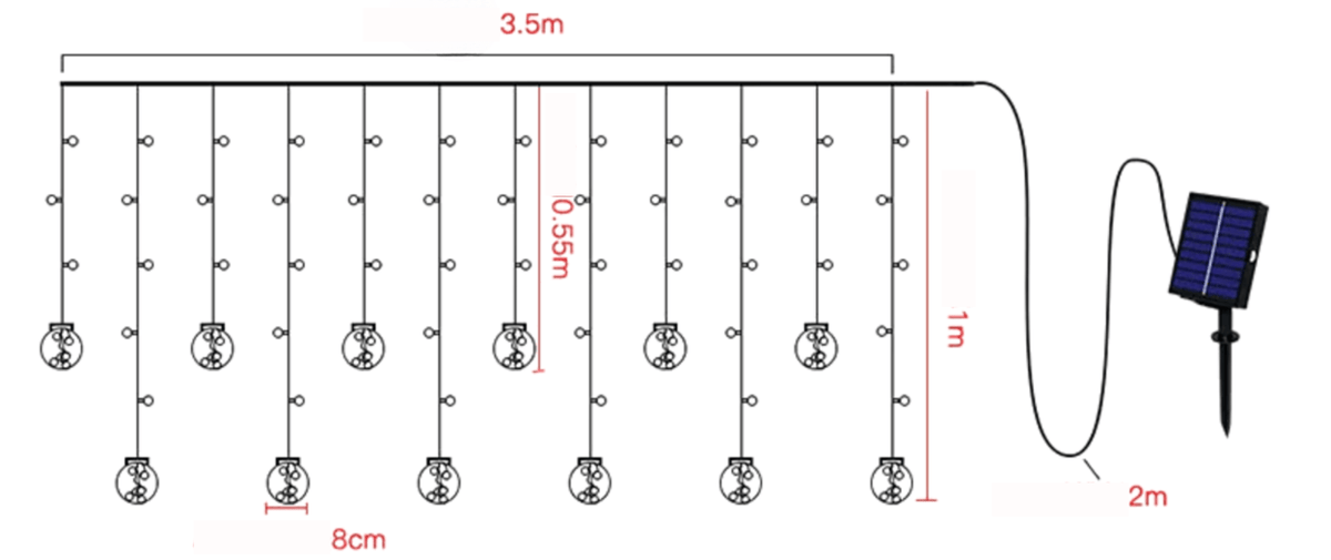 LumiFae catena luminosa LED impermeabile da esterno con sfere pendenti: schema con le misure della catena, delle sfere pendenti e del cavo - Luximode