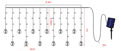 LumiFae catena luminosa LED impermeabile da esterno con sfere pendenti: schema con le misure della catena, delle sfere pendenti e del cavo - Luximode