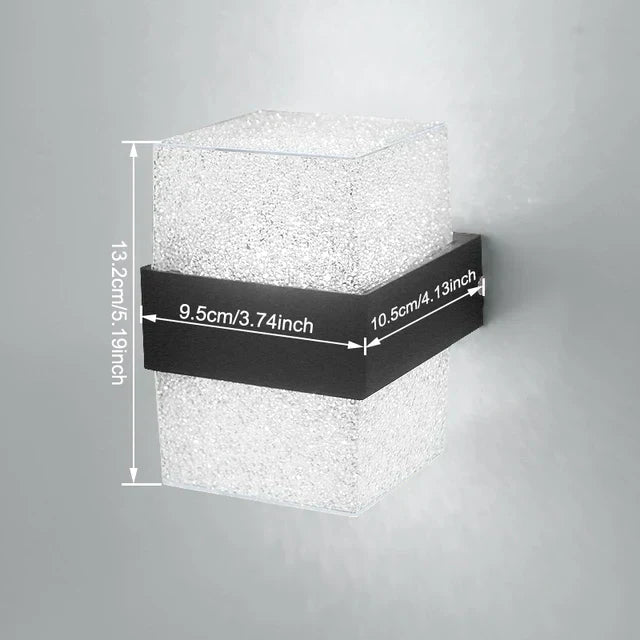 NatureBeam applique da esterno a parete moderna in alluminio nero e diffusore effetto pietra: schema delle misure della versione quadrata, 9,5 cm di larghezza e 10,8 cm di profondita - Luximode