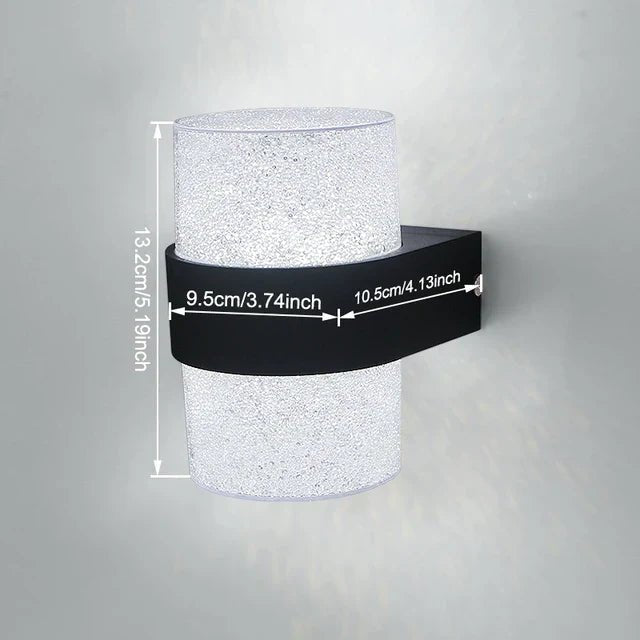 NatureBeam applique da esterno a parete moderna in alluminio nero e diffusore effetto pietra: schema delle misure della versione cilindrica, 9,5 cm di larghezza e 10,8 cm di profondita - Luximode