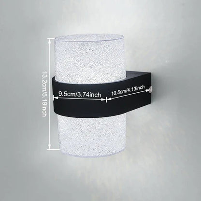 NatureBeam applique da esterno a parete moderna in alluminio nero e diffusore effetto pietra: schema delle misure della versione cilindrica, 9,5 cm di larghezza e 10,8 cm di profondita - Luximode