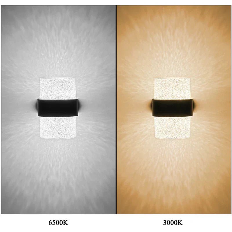 NatureBeam applique da esterno a parete moderna in alluminio nero e diffusore effetto pietra: confronto tra la luce bianca fredda 6500K e la luce calda 3000K - Luximode