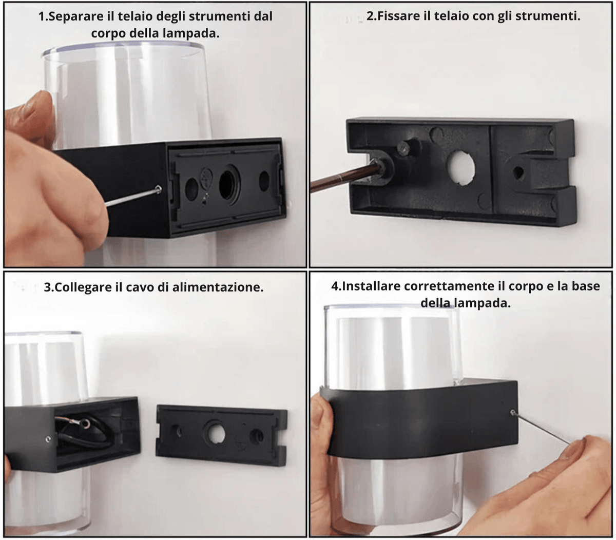 NatureBeam applique da esterno a parete moderna in alluminio nero e diffusore effetto pietra: istruzioni di montaggio in quattro passaggi, dal fissaggio della staffa al collegamento del cavo - Luximode