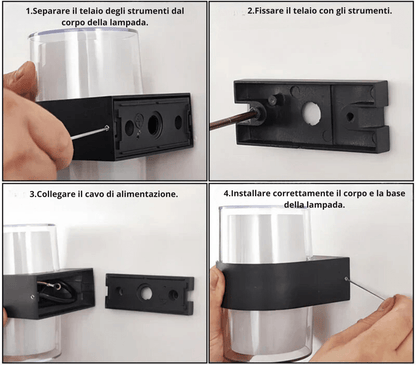 NatureBeam applique da esterno a parete moderna in alluminio nero e diffusore effetto pietra: istruzioni di montaggio in quattro passaggi, dal fissaggio della staffa al collegamento del cavo - Luximode