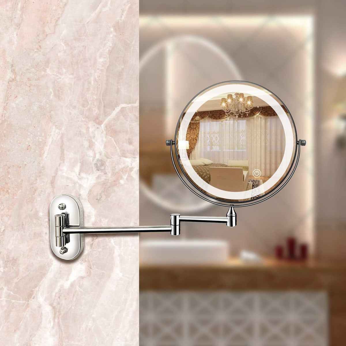 ReflecView specchio ingranditore da parete con luce LED ricaricabile e braccio estensibile: su parete in marmo beige accanto al lavabo - Luximode