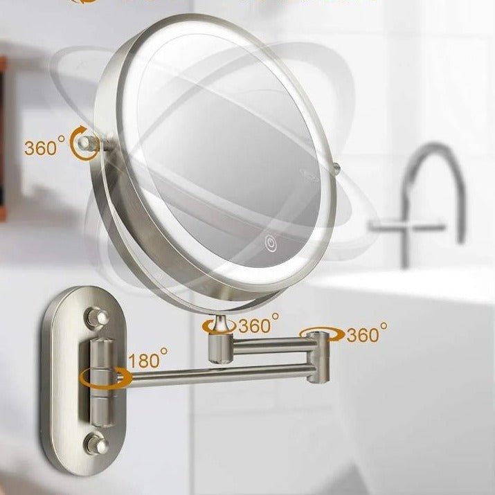 ReflecView specchio ingranditore da parete con luce LED ricaricabile e braccio estensibile: schema dei movimenti: rotazione a 360 gradi e braccio pieghevole a 180 gradi - Luximode