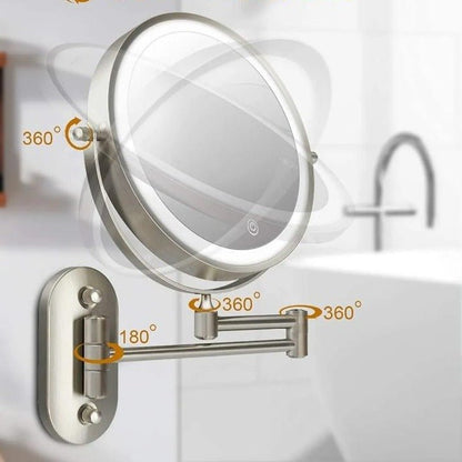 ReflecView specchio ingranditore da parete con luce LED ricaricabile e braccio estensibile: schema dei movimenti: rotazione a 360 gradi e braccio pieghevole a 180 gradi - Luximode