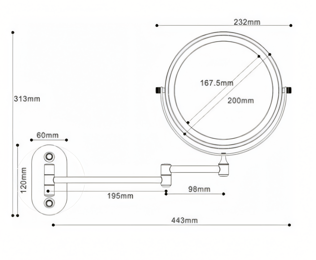 ReflecView specchio ingranditore da parete con luce LED ricaricabile e braccio estensibile: schema delle misure: diametro 232 mm e braccio fino a 443 mm - Luximode