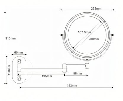 ReflecView specchio ingranditore da parete con luce LED ricaricabile e braccio estensibile: schema delle misure: diametro 232 mm e braccio fino a 443 mm - Luximode