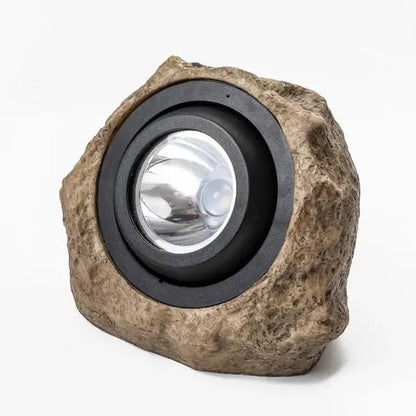 RockyLight lampada solare da esterno a forma di pietra: primo piano del faretto centrale, scatto prodotto su fondo bianco - Luximode