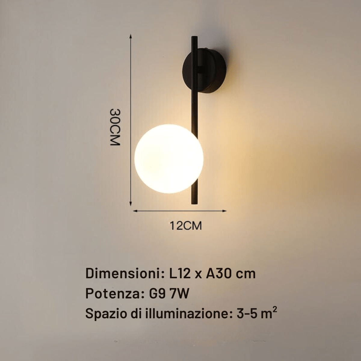 Misure della SOLVIA nera: 12 x 30 cm, G9 7W