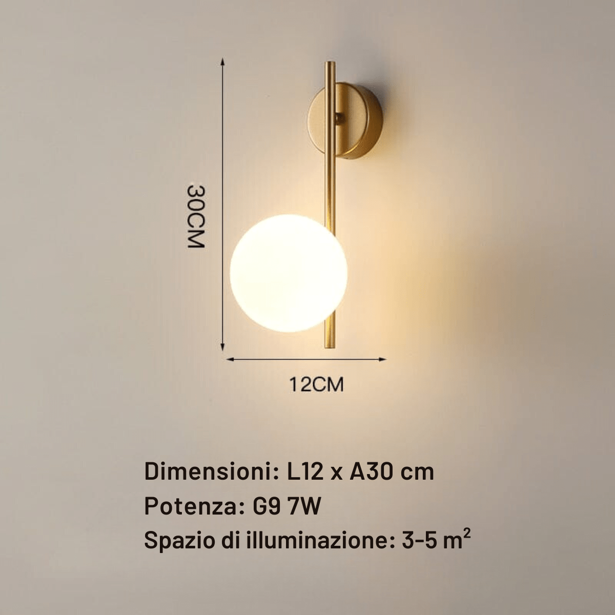 Misure della SOLVIA oro: 12 x 30 cm, G9 7W, illumina 3-5 m²