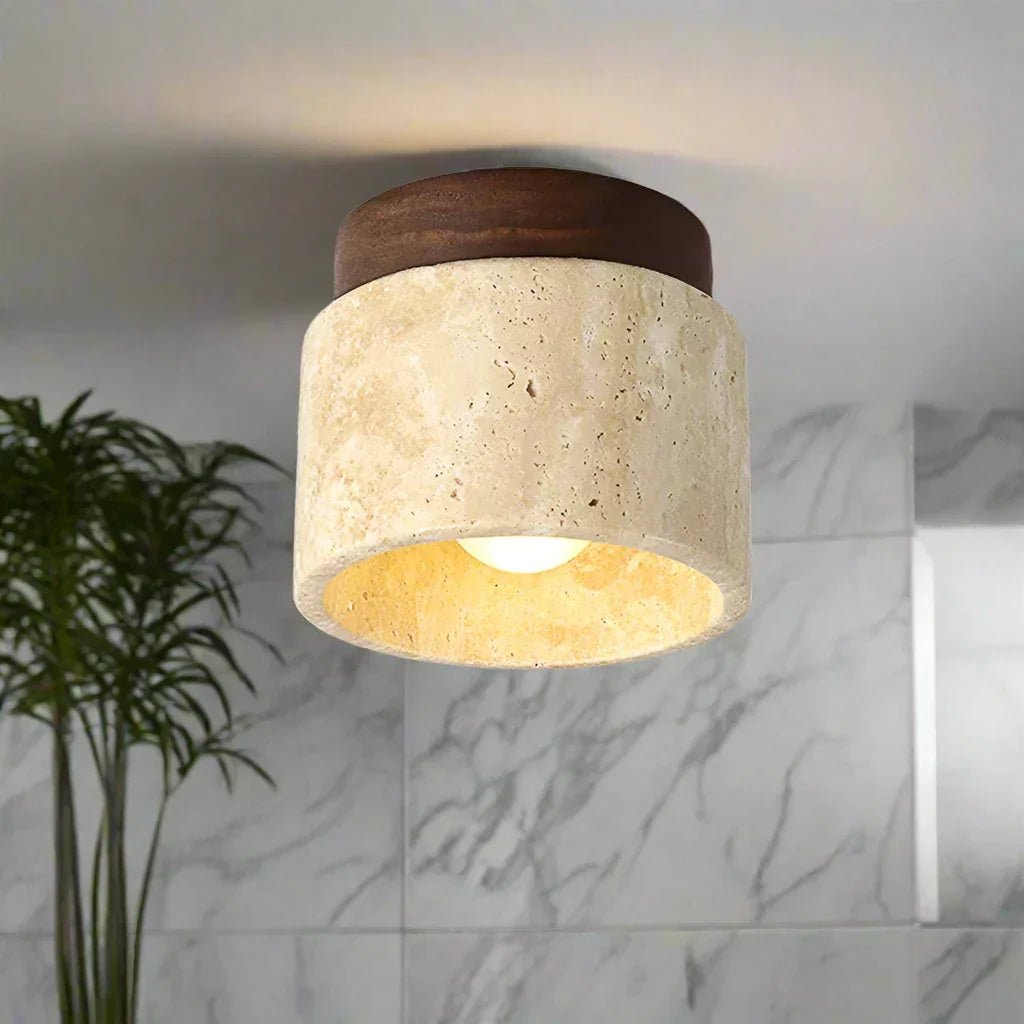 StoneGlow – plafoniera cilindrica in pietra naturale e legno di Luximode