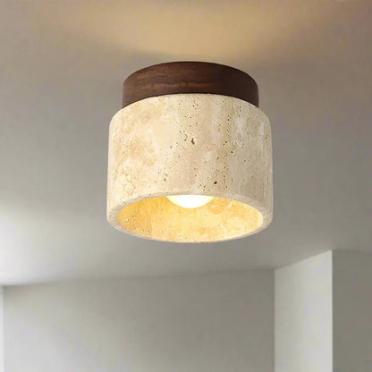 StoneGlow – plafoniera cilindrica in pietra naturale e legno di Luximode