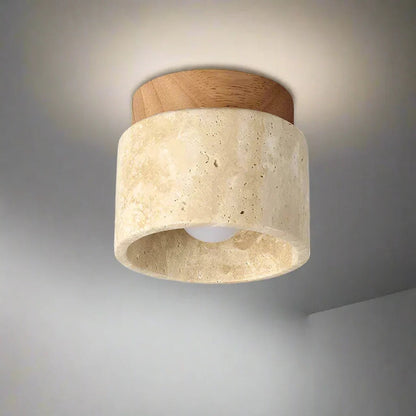 StoneGlow – plafoniera cilindrica in pietra naturale e legno di Luximode