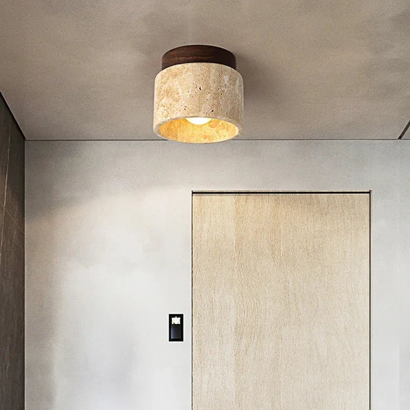 StoneGlow – plafoniera cilindrica in pietra naturale e legno di Luximode