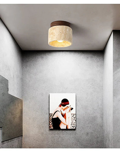 StoneGlow – plafoniera cilindrica in pietra naturale e legno di Luximode