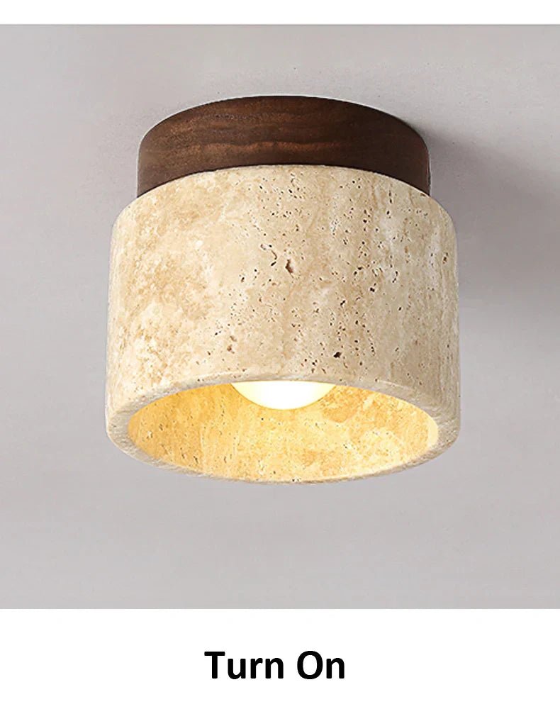 StoneGlow – plafoniera cilindrica in pietra naturale e legno di Luximode