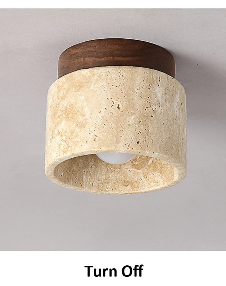 StoneGlow – plafoniera cilindrica in pietra naturale e legno di Luximode