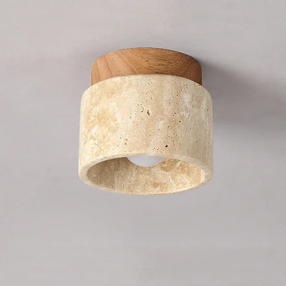 StoneGlow – plafoniera cilindrica in pietra naturale e legno di Luximode