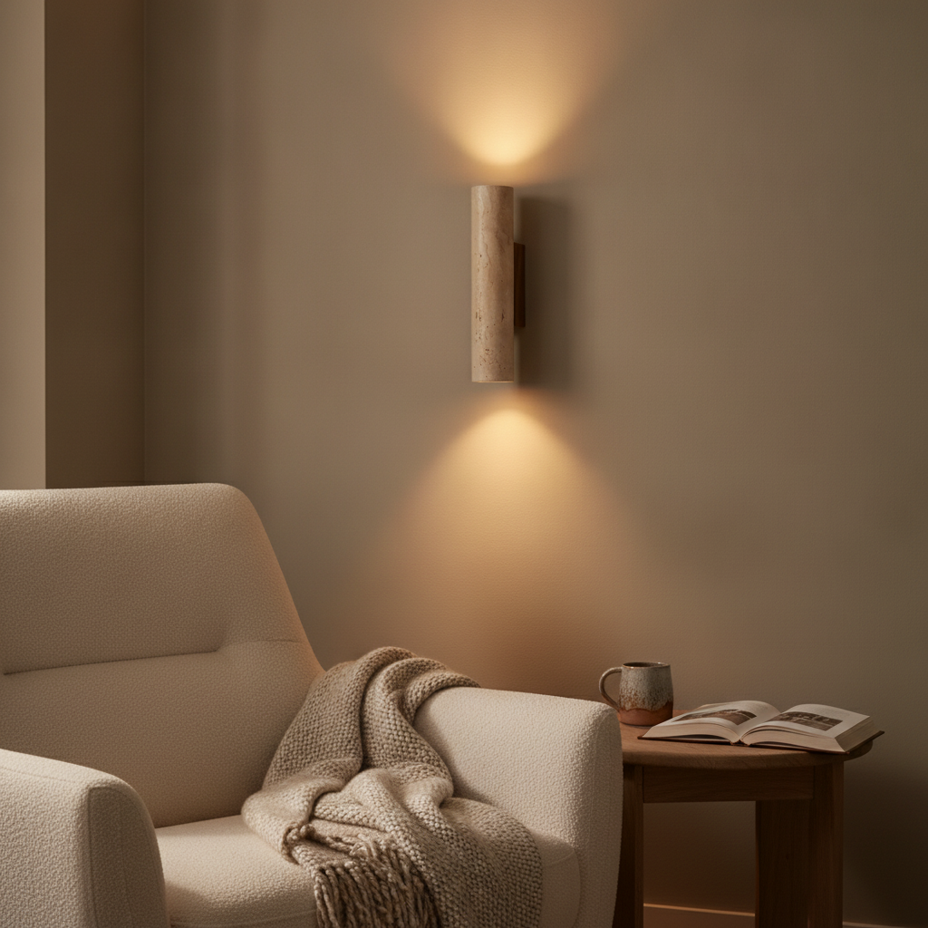 TerraLume - Applique in travertino nel soggiorno, angolo lettura | Luximode