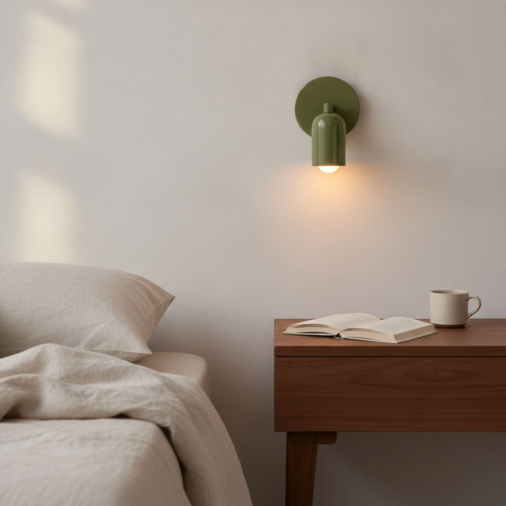 Applique TintaLume verde oliva sopra un comodino in noce | Luximode